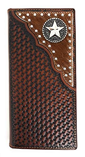 Texas West Western Men's Basketweave Genuine Leather Lone Star Long Cowhide Stud Bifold Wallet (coffee)