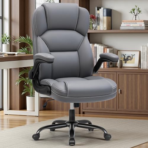 Image of PU Leather Office Chair, Ergonomic High-Back Desk Computer & Gaming Chair with Adjustable Height, Rolling Swivel & Flip-Up Armrests, Comfy Padded Seat for Home Office-Gray