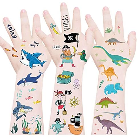 Mocossmy Dinosaur Temporary Tattoos for Kids,9 Sheets Dinosaur Shark Pirate Waterproof Fake Tattoo Body Decoration DIY Crafts for Kids Boys Girls Birthday Gifts Ocean Themed Party Favor Supplies Cover