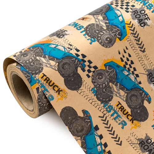 WRAPAHOLIC Kraft Monster Truck Wrapping Paper Roll - Mini Roll - 17 Inch x 16.5 Feet - Monster Truck Race Car Wrapping Paper Perfect for Kids Boys Birthday Racing Party Adventure Celebration