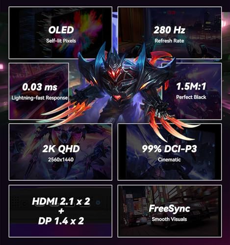 Image of 27 inch OLED Computer Monitor, 280Hz Gaming Monitor, 2K(2560 * 1440px) Adjustable Height & Tilt Monitor, OLED Panel, HDMI 2.1 * 2, DisplayPort 1.4 * 2