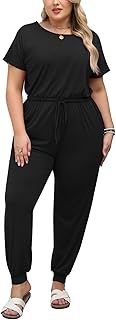 Plus Size Casual Jumpsuits for Curvy Women Summer Short Sleeve Drawstrin...