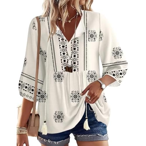 Rapbin Women Summer Boho Tops 3/4 Sleeve Pleated Blouses Casual V Neck Tie Front Spring Tunic Tops