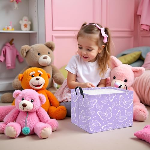 Image of Rectangular Kids Storage Basket Baby Storage Basket with Handles for Home Kitchen Girls Cute Toy Storage Bin Organizer Shelf Book Room Decor(Purple Butterfly)