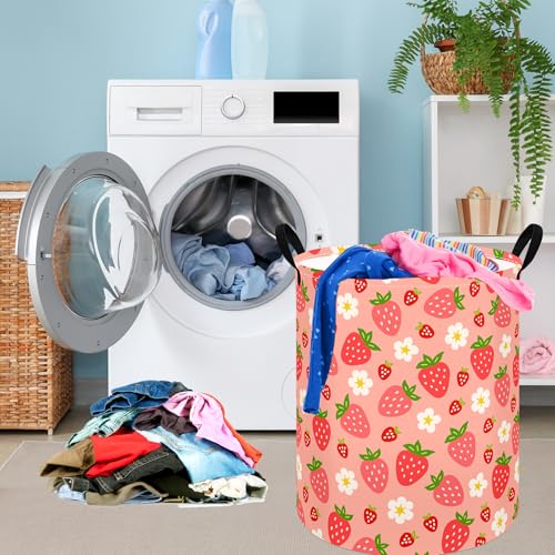 Image of Kids Laundry Hamper Clothes Gift Basket Storage Laundry Baskets Organizer Bin with Handles for Nursery Room (Strawberry)
