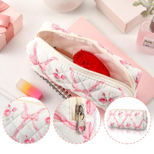 Image of Sherr Coquette Pink Bow Pencil Case Pink Floral Bow Cute Pencil Pouch Soft Cotton Storage Bag Aesthetic Pattern Gift Makeup Pouch Cosmetic Bag for Women Adults