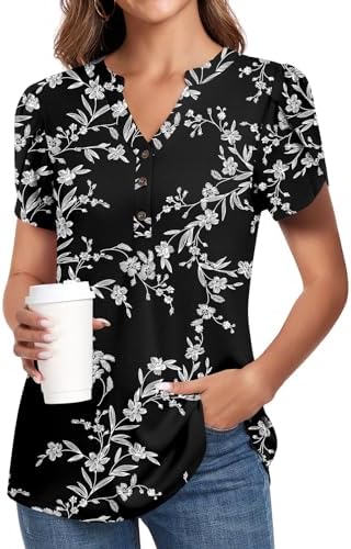 POPYOUNG 2024 Summer Womens Henley Tunic Tops Button Down T-Shirts Petal Sleeve V-Neck Casual Blouses