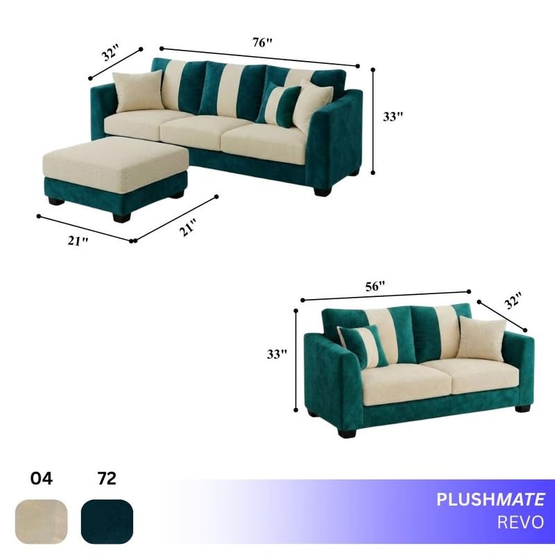 Image of Revo Plush Comfort Sofa Set | 3 Seater + 2 Seater with Ottoman | Luxury Velvet Suede Fabric | Modern Living Room Sofa | Green Teal - Cream