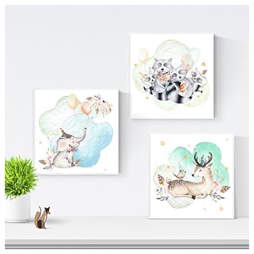 Nacnic Set de 3 láminas para enmarcar Elefante, Cervatillo Y MAPACHES Posters para habitación Infantil. Estilo Acuarela y Tonos Pastel