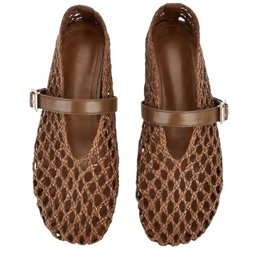 Women's Woven Ballet Flats Fishnet Ballerina Flats Wide Round Toe Mesh Mary Jane
