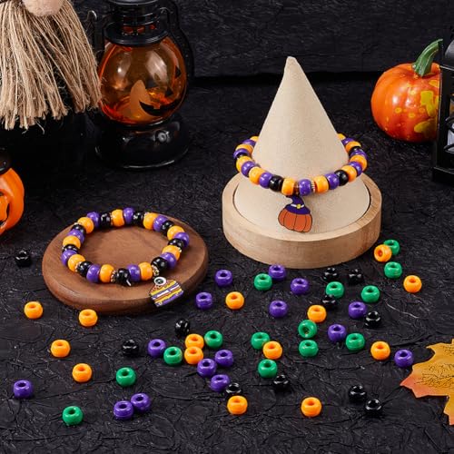 SOFPLATE 800Pcs 4 Colors Halloween Bulk Pony Beads Purple Pony Beads Bulk Plastic Green Orange Black Holiday Lucky Bead Set for jewellery Making Bracelet Wedding Gifts Friendship Hair Party Crafts - Image 4