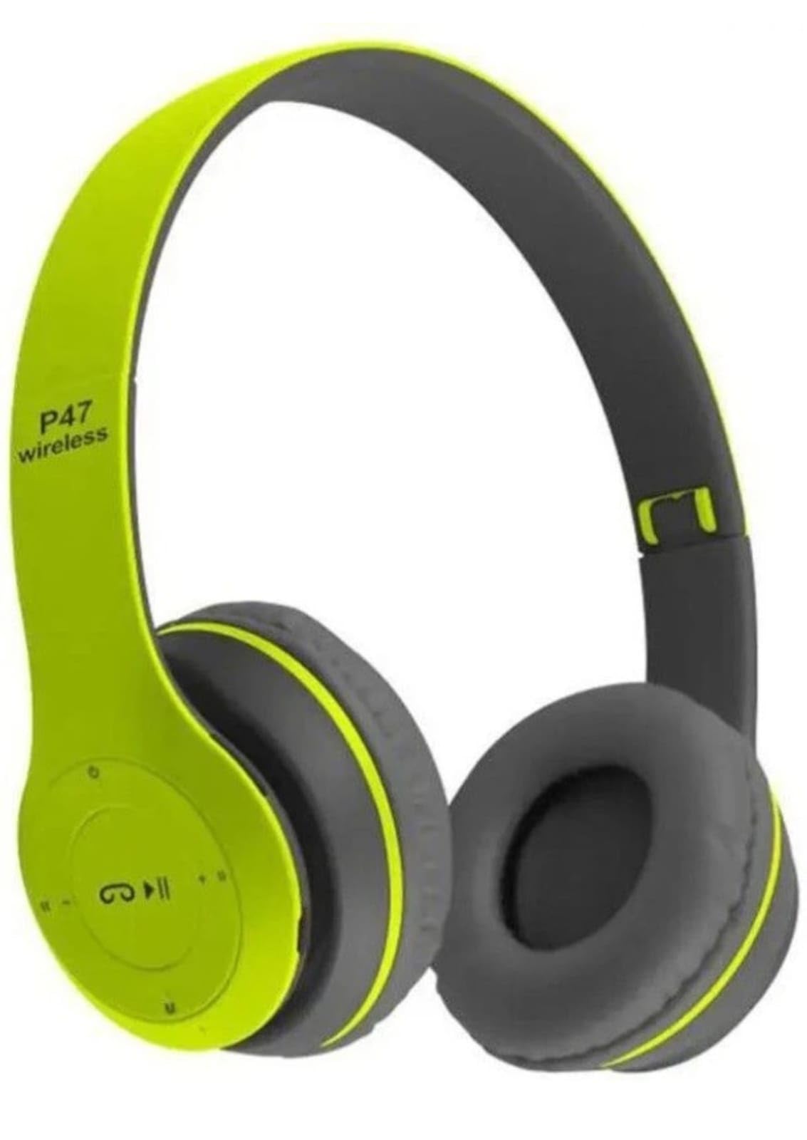 p47 wireless bluetooth headphones over-ear stereo headset with built-in microphone, fm radio, tf card support, foldable design, green.