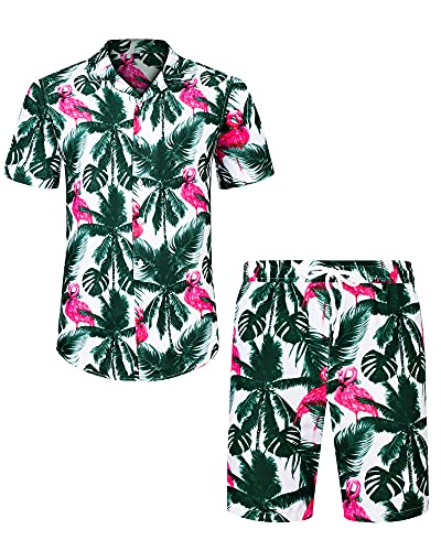 J.VER Herren Hawaiihemd Flamingo Floral Kurzarmhemd und Shorts Sommer Beach...