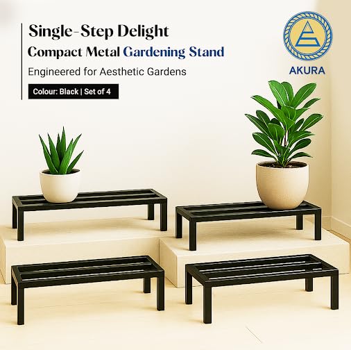 Image of AKURA, Single Step Delight Compact Metal Gardening Stand /Planter Stand for Indoor and Outdoor Plant Pots (Size: W-60cm x D-20 cm x 12 cm ; Colour : Black) Set of 4