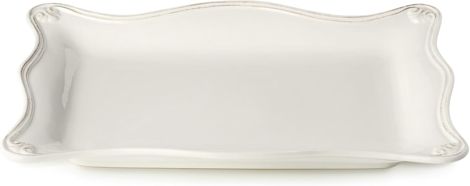 Heritage Scroll Rectangular Platter – Elegant 14" x 10" Stoneware Serving Tray with Sculpted Edges – Ivory Glazed Classic Serveware for Entertaining, Holidays, or Home Décor