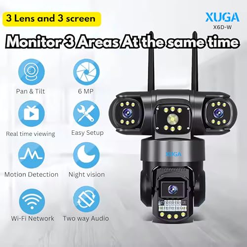 Image of XUGA Cybernautt Z6D 6MP 3 Lens WiFi PTZ Camera | 6MP FHD resolution with 3-view screen display. Supports up to 128GB storage, full color night vision, and AI motion alerts.