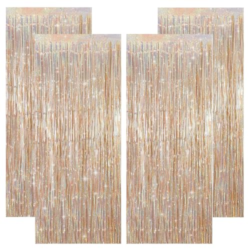 KICNIC Lametta Vorhang Champagner Glitzer 4 Stück Lametta Vorhänge Glitzervorhang 1m x 2.5m Tinsel Curtain für Fotowand Geburtstag Silvester Disco Halloween Hochzeit und Weihnachten Party Deko