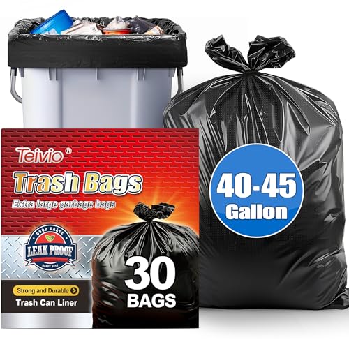 Teivio Trash Bags, 40-45 Gallon, 30 Count, Black, for Bathroom, Office, Industrial, Commercial, Janitorial, Municipal, Recycling