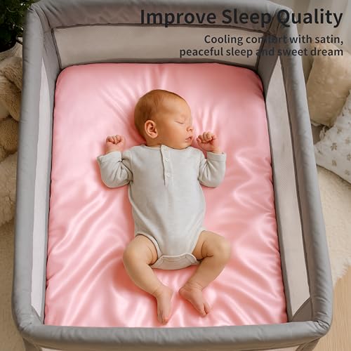 Image of Pro Goleem Satin Pack and Play Playard Sheet, Fitted 2 Pack Great for Baby Hair Silky Feeling 27x39 Inch Playard Mattress Cover Portable Mini Crib Sheet for Girls(Pink & Purple)
