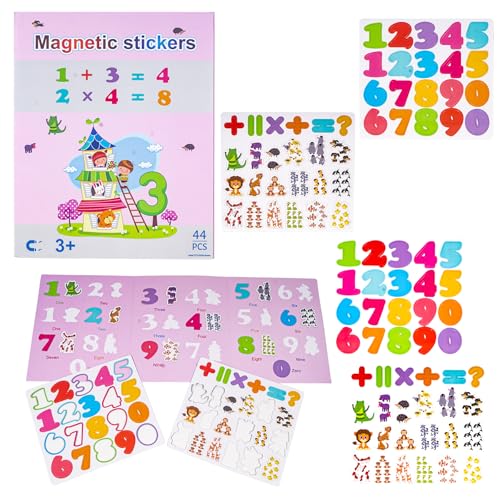 Image of WISHKEY Magnetic Number Stickers for Kids - 44 PCS Math Learning Set with Numbers, Counting Animals & Math Symbols, Educational Montessori Toy for Kids Age 3+