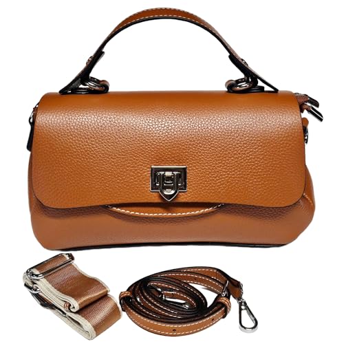 Women Genuine Top Grain Real Leather Top Handled Satchel Bag. Crossbody Bag with 2 Shoulder Straps