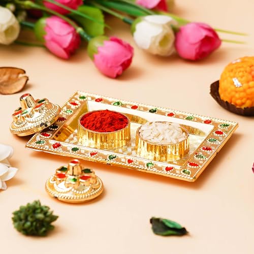 Image of eCraftIndia Golden Decorative Roli Chawal /Rice Holder, Akshata Haldi Kumkum Holder, Kankavati Pooja Items for Home Puja Mandir Temple- Gift for Diwali Navaratri- Diwali Decoration Items For Home Decor