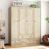 MOUMON 4 Rattan Door Wardrobe with Shelves and Drawers, Armoire Wardrobe with 2 Clothing Rods, Closet for Bedroom Oak 19“D x 59”W x 70.9”H