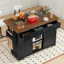 53.7" Farmhouse Kitchen Island with Power Outlet,2 Sliding Barn Door Storage w/Drop Leaf and Spice Rack Rolling Carts on Wheels & Metal Handle,for Home,Dining Room,Black, 50.25"