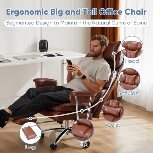 Image of DUMOS Home Office Desk Executive Chair - Ergonomic Big Tall High Back with Footrest & Lumbar Support, Reclining Height Adjustable, Comfy PU Leather Computer Gaming with Swivel Wheels, Brown