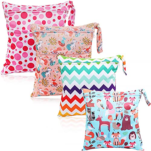 4 Pieces Cloth Diapers Wet Dry Bags Waterproof Cloth Bag Washable Reusable Diaper Bag with Two Zippered Pockets for Swimsuits Travel Beach Pool Baby Diapers Yoga Gym, 2 Styles (Chic Pattern)