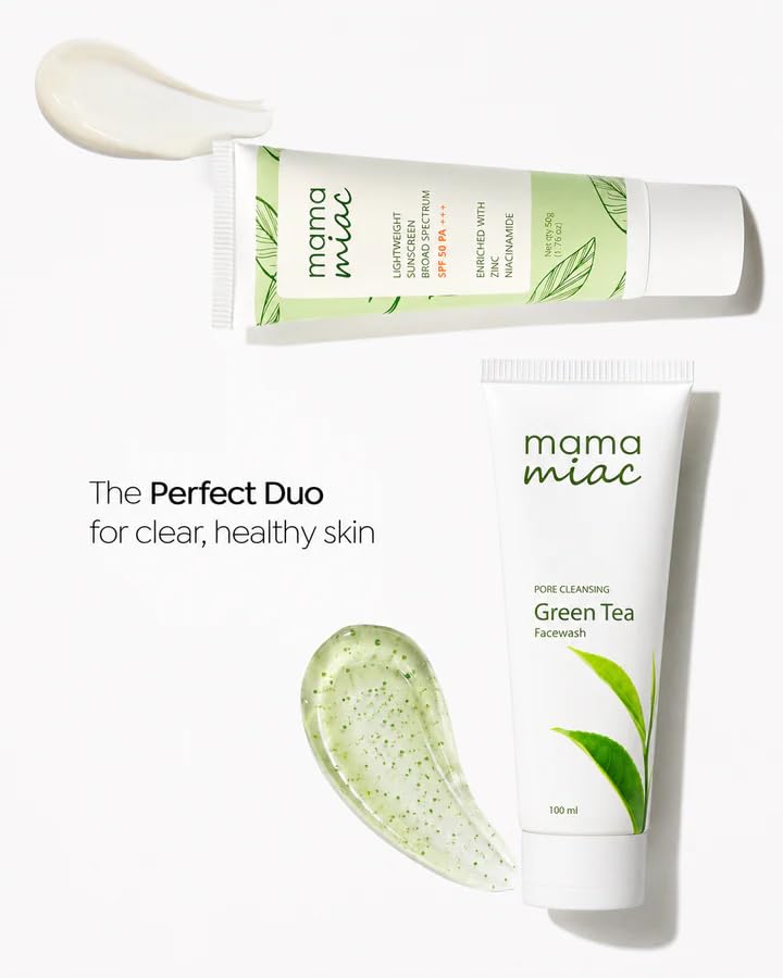 Image of MAMAMIAC Green Tea Sunscreen - 50ml & Green Tea Facewash -100ml Combo | For All Skin Types, SPF 50+ Broad Spectrum UVA /UVB