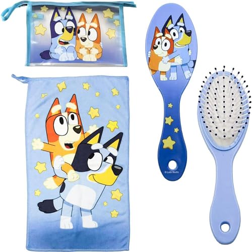 Neceser Aseo Viaje Accesorios Bluey con Peine, Toalla y Bolsa de Bluey - Neceser Aseo Bluey para Viaje o Escuela