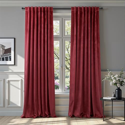 Image of Dark Red Velvet Curtains 96 Inches Long 2 Panels for Living Room Darkening Thermal Soundproof Thick Heavy Solid Textured Drapes for Master Bedroom Patio Door Doorway Room Dividers Decoration Burgundy