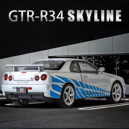 Image of LONGMIRE Metal Pull Back Diecast Car Pull Back Model with Sound Light Boys Gifts Toys for Kids Pack of 1, Multicolor (Nissan Skyline R34)
