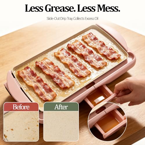 Image of 20 inch Pink Electric Griddle & Skillet with Ceramic Non-Stick Surface, 1400W Family-Sized Extra Large Baking Pan, Adjustable Temperature & Slide-Out Drip Tray