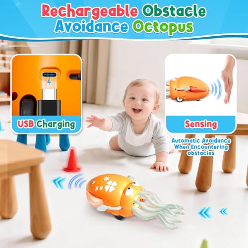 Image of Dancing Squid Baby Toy, Infant Tummy Time Toys for 3-6 Months, Interactive Crawling Octopus with Music & Lights for 6-12, 12-18 Learning Walking Toy for Toddlers 1 Year Old Boys Girls Birthday Gifts