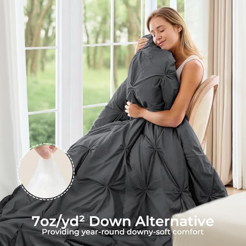 Image of Sasttie King Size Comforter Set, 7-Piece Bed in a Bag, Pintuck Bedding Sets for All Season, Includes Comforter, Flat Sheet, Fitted Sheet, Pillowcases and Pillowshams, Dark Grey