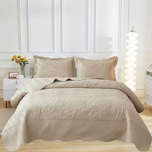 MarCielo 3-Piece 100% Cotton Oversized Bedspread Lightweight Quilt Coverlet Embroidery Farmhouse Bedding Set T0 (Yellowish Beige, Oversized Queen (100"x106"))