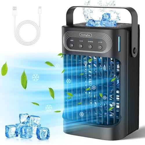 Aire Acondicionado portátil, miniventilador evaporativo con 3 Modos de Niebla fría y velocidades, 7 Luces nocturnas y Temporizador, Enfriador de Aire Personal para Oficina, hogar, habitación, escrit