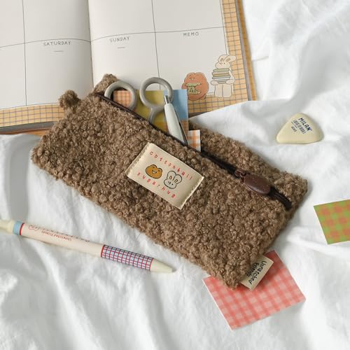Image of Monolike Unmatched Friends Bbogeuli Pencil Case, Brown - Slim Fuzzy Fleece Pen Pouch for Daily Use with Stain-Resistant Lining