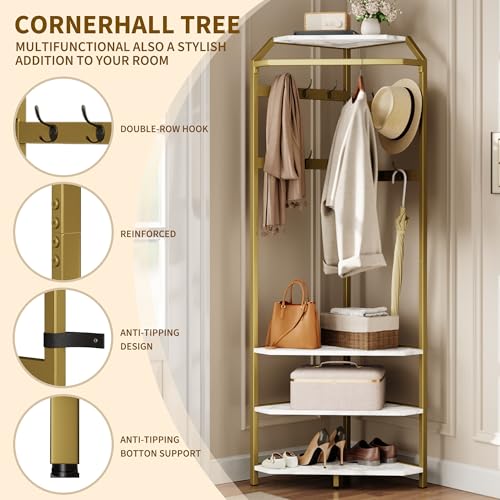GarveeHome Corner Coat Rack with Shoe Bench Entryway, Corner Hall Tree with 6 Double Hooks, Clothes Rack with Storage Hall Tree with Organizer Shoe Bench Shelf (Gold 02, 20 * 20 * 71 inch)
