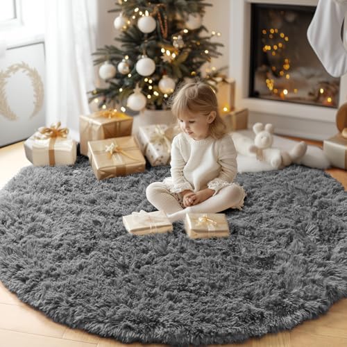 Image of PAGISOFE 5x5 Feet Area Rug, Round Grey Circle for Kids Bedroom, Fluffy Carpets, Shaggy Small Teepee Furry Mat, Comfy Reading Circular for Girls Boys Baby Room.
