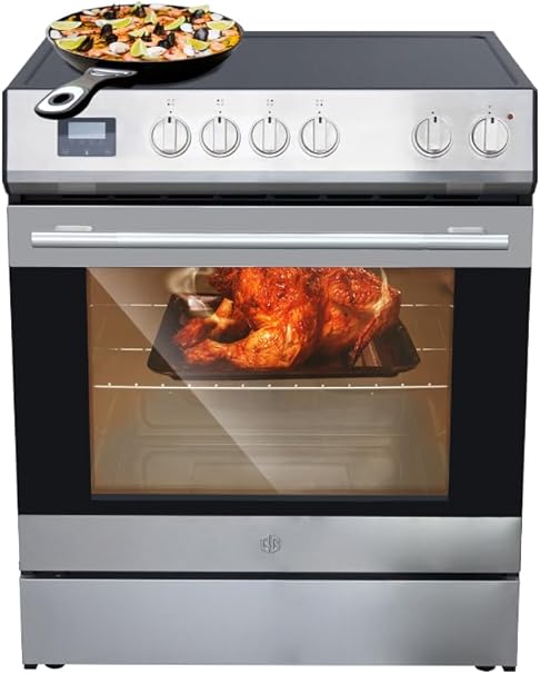 Garvee 30" Electric Range 5 Cu.Ft. Capacity with 4 Burners Glass Cooktop, Convection Oven, 6 Cooking Functions, Stainless Steel Freestanding Electric Range Oven with Front Control, Silver