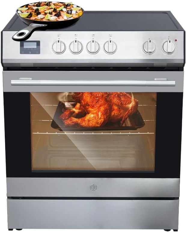 Garvee 30" Electric Range 5 Cu.Ft. Capacity with 4 Burners Glass Cooktop, Convection Oven, 6 Cooking Functions, Stainless Steel Freestanding Electric Range Oven with Front Control, Silver