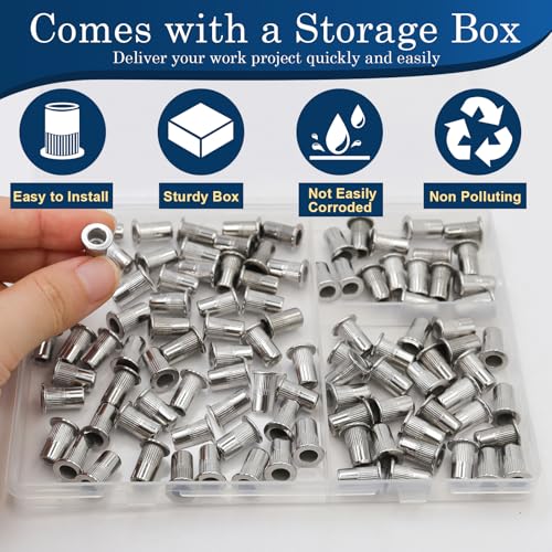 Image of 8-32 UNC Rivet Nut, 100Pcs 304 Stainless Steel Flat Head Rivnut Threaded Insert Nutsert