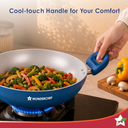 Image of Wonderchef Natura Ceramic Kadhai & Glass Lid for Cooking, 24cm, 2.5L, Non-Toxic Chemical-Free Coating, PFOA /PFAS-Free, Scratch-Resistant, Gas & Induction Compatible, 2-Yr Warranty, Teal Blue