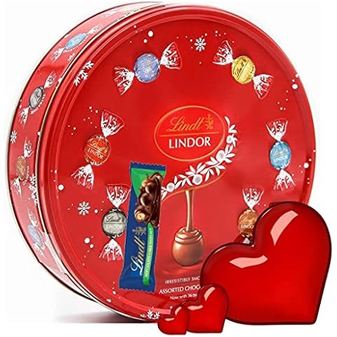 Lindt Gift Tin - Lindt 450g Tin & Nocciolatte Bar 38g - Lindt Lindor Blissful Milk/White/Assorted/Dark/Salted Caramel/Swiss Chocolate Truffle - Lindt Truffles - Christmas Gifts for her him & Xmas card Cover