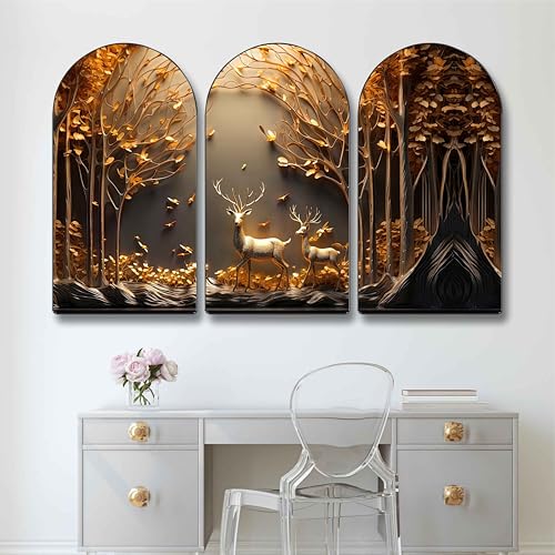 Image of Livin'luxe Golden Deer Forest Wall Painting - 3 Panel Luxury Nature-Inspired Wall Art Modern Home Decor for Living Room, Bedroom, Office & Meditation Spaces
