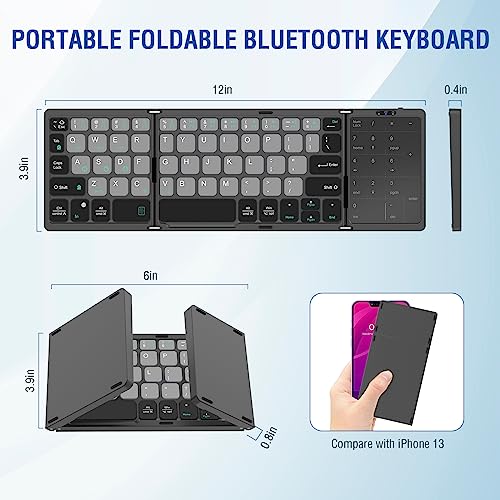 Image of EDJO Foldable Bluetooth Keyboard, Rechargeable Portable Wireless Keyboard with Touchpad & Number Pad for Android, Windows, iOS, PC /Laptop /Smartphone /Tablet (Grey)