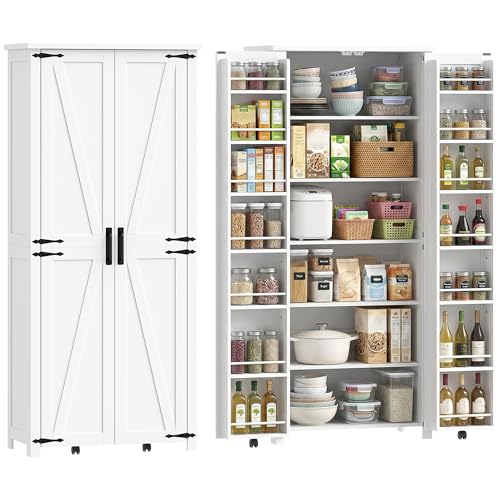 HOMCOM Buffet Haut Cuisine, Armoire Cuisine, vaisselier, 2 Portes avec roulettes, 6 Compartiments, 14 Porte-Racks et étagères réglables, Style Rustique,...